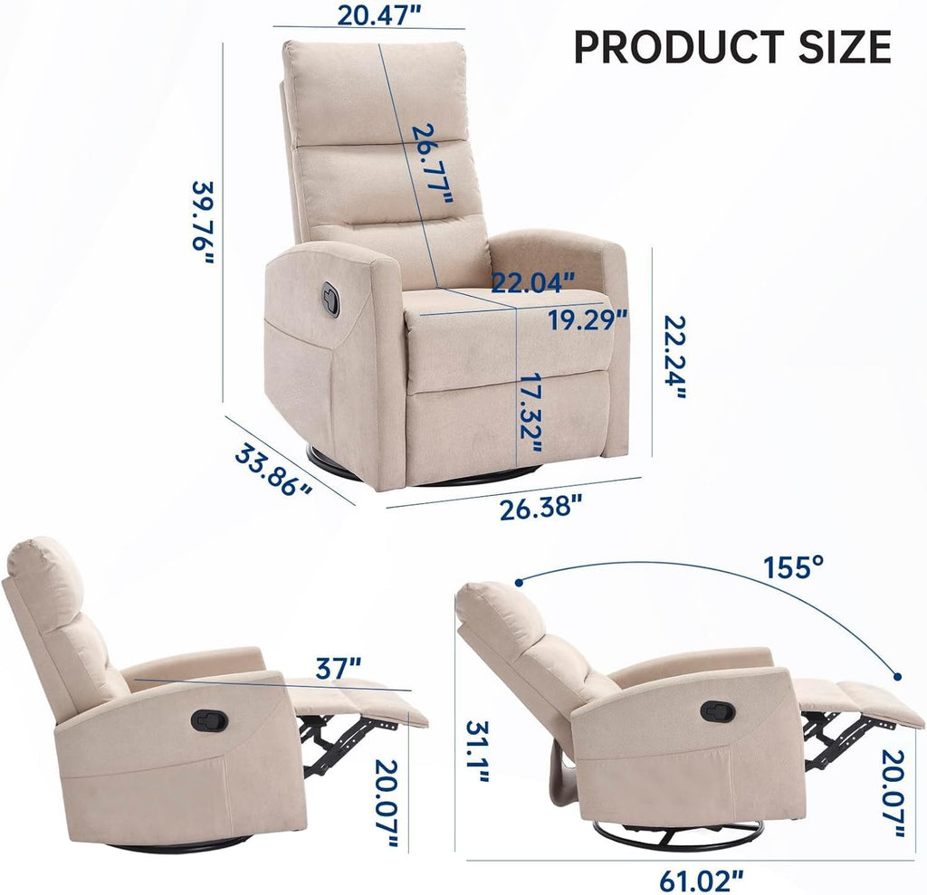 360° Swivel Rocker Recliner Chair for Small Spaces, Manual Reclining Chair for Adults, Rocking Glider Chair for Nursery, Living Room, Bedroom, Polyester Fabric Cream Beige