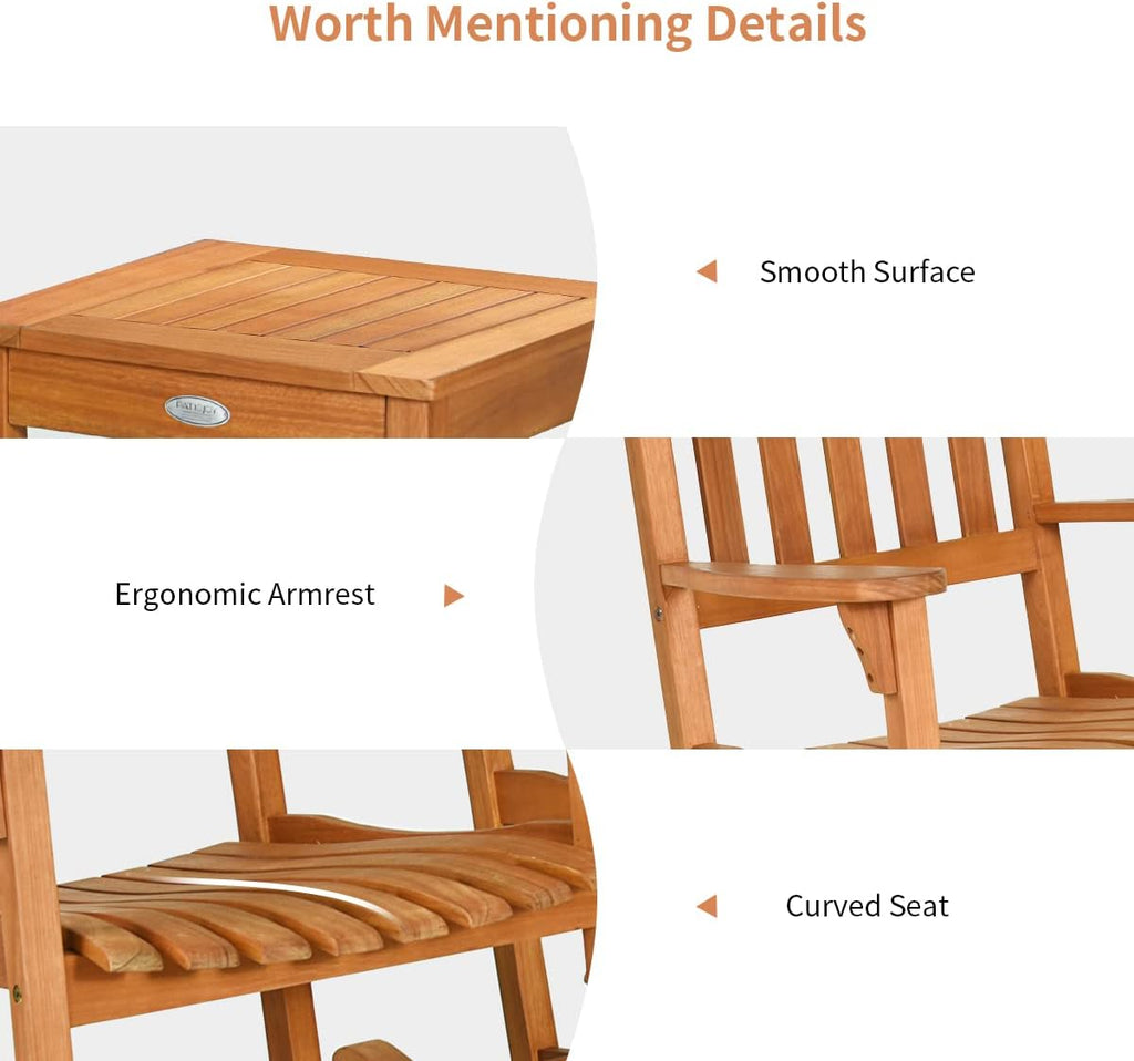 Tangkula 3 Piece Patio Rocking Bistro Set, Patiojoy Eucalyptus Wood Conversation Set with 2 Rockers and 1 Coffee Table, Outdoor Rocking Chair Set with Coffee Table for Porch, Patio and Backyard