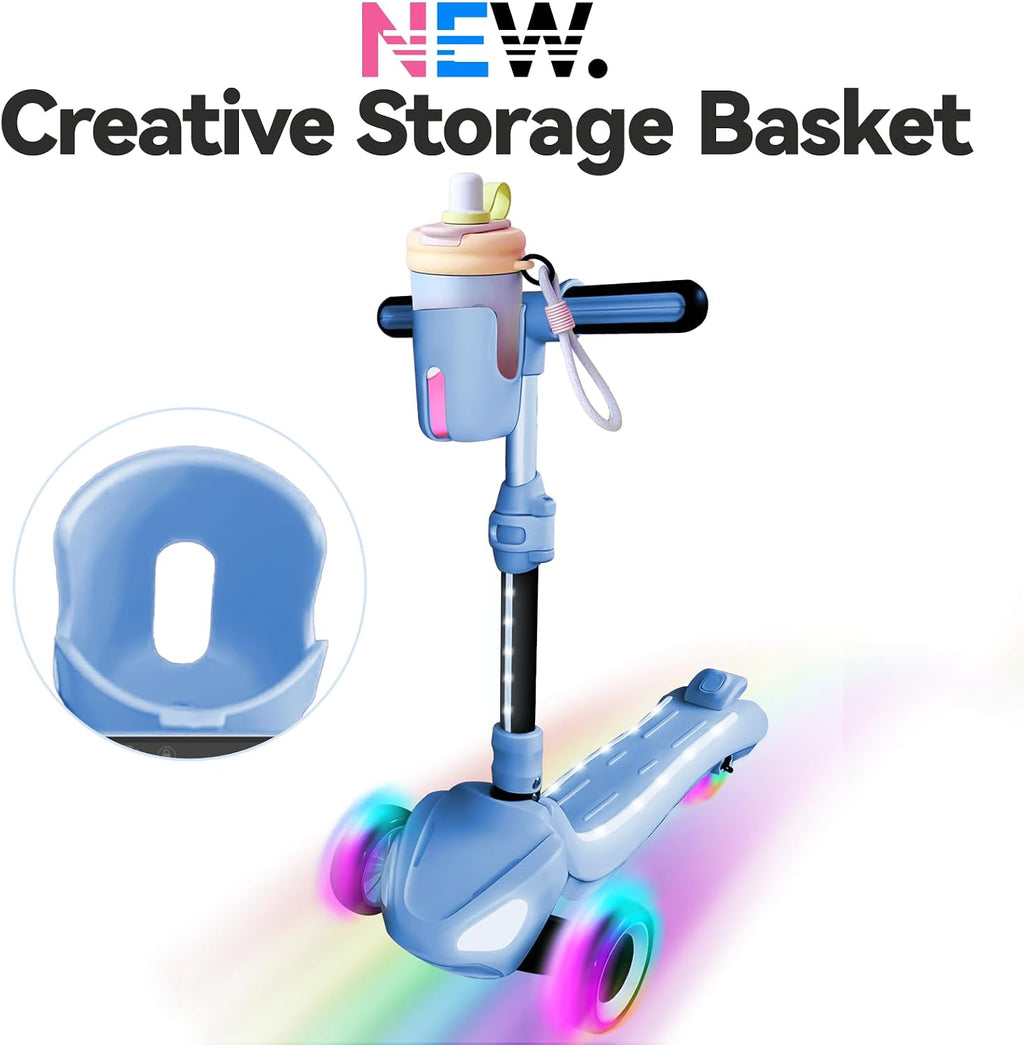 3 Wheel Electric Scooter for Kids Ages 3-10, w/Storage Basket, LCD Screen, Full Body Lights Up, Wide Deck, 5Mph Safe Speed, 90min Riding, Balance Foldable Kick Scooter for Boys & Girls