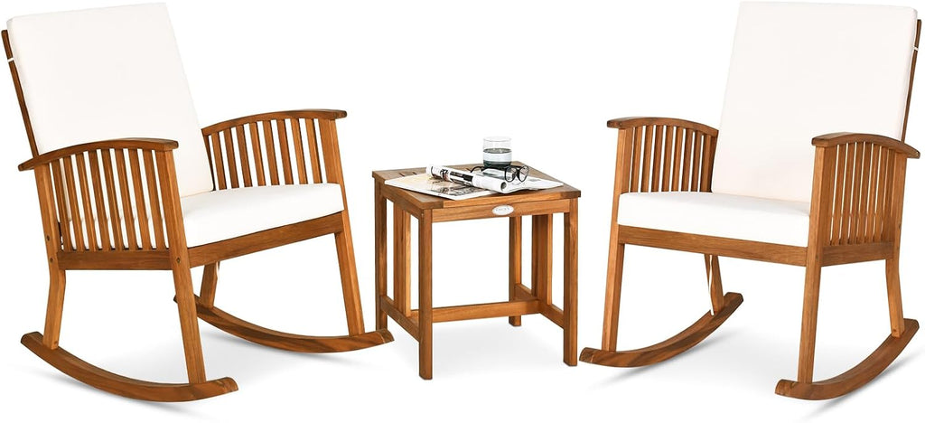 Tangkula 3 Pieces Acacia Wood Rocking Bistro Set, Outdoor Furniture Front Porch Rocker Chairs Conversation Set with Coffee Table and Cushions for Lawn, Balcony, Backyard