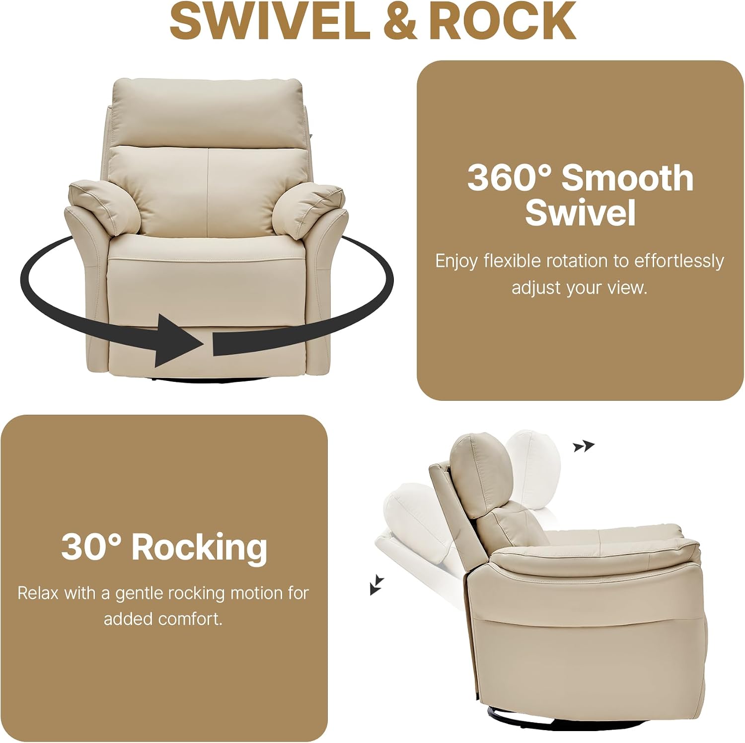 AIRSKY Swivel Rocker Recliner Oversized,Top-Grain Leather Recliner,Lazy Boy Recliner Chair,Single Sofa for Living Room Nursery,Glider Rocking Chair for Reading,Bedroom,Beige,R1 PRO