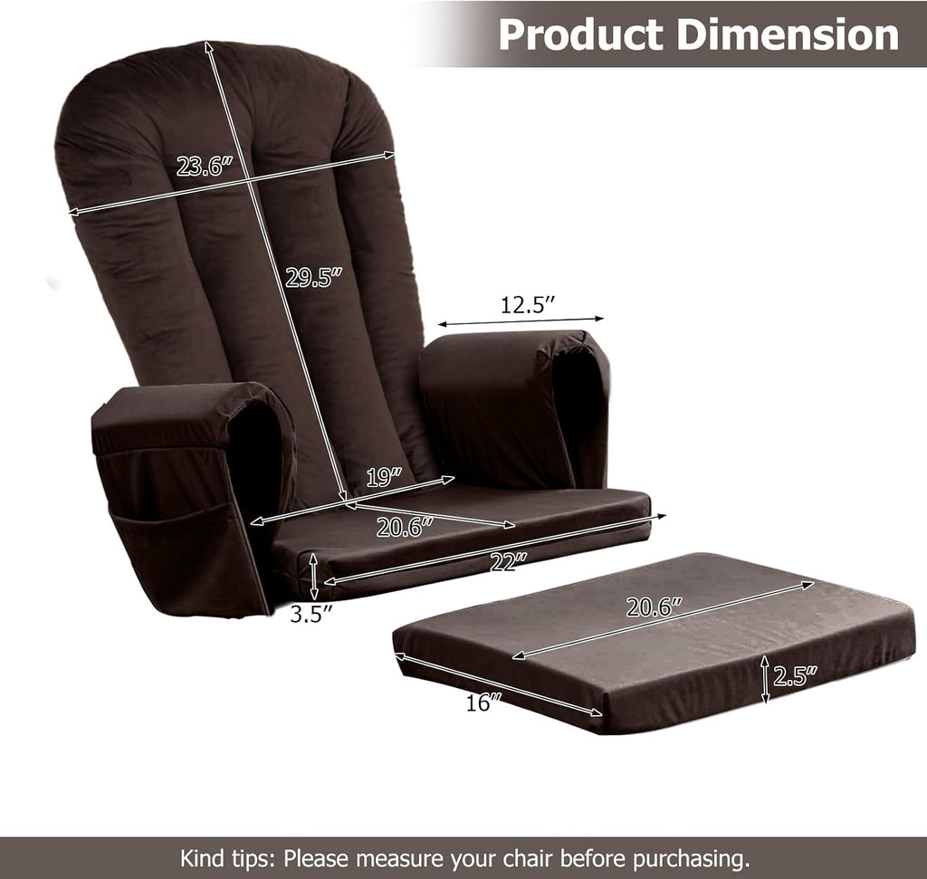 Lucky Monet 5PCS Velvet Glider Rocker Replacement Cushions, Thickened & Supportive Rocking Chair Cushion Set with 29.5 Inch High Backrest & Storage Pockets, for Indoor Nursery Glider, Brown