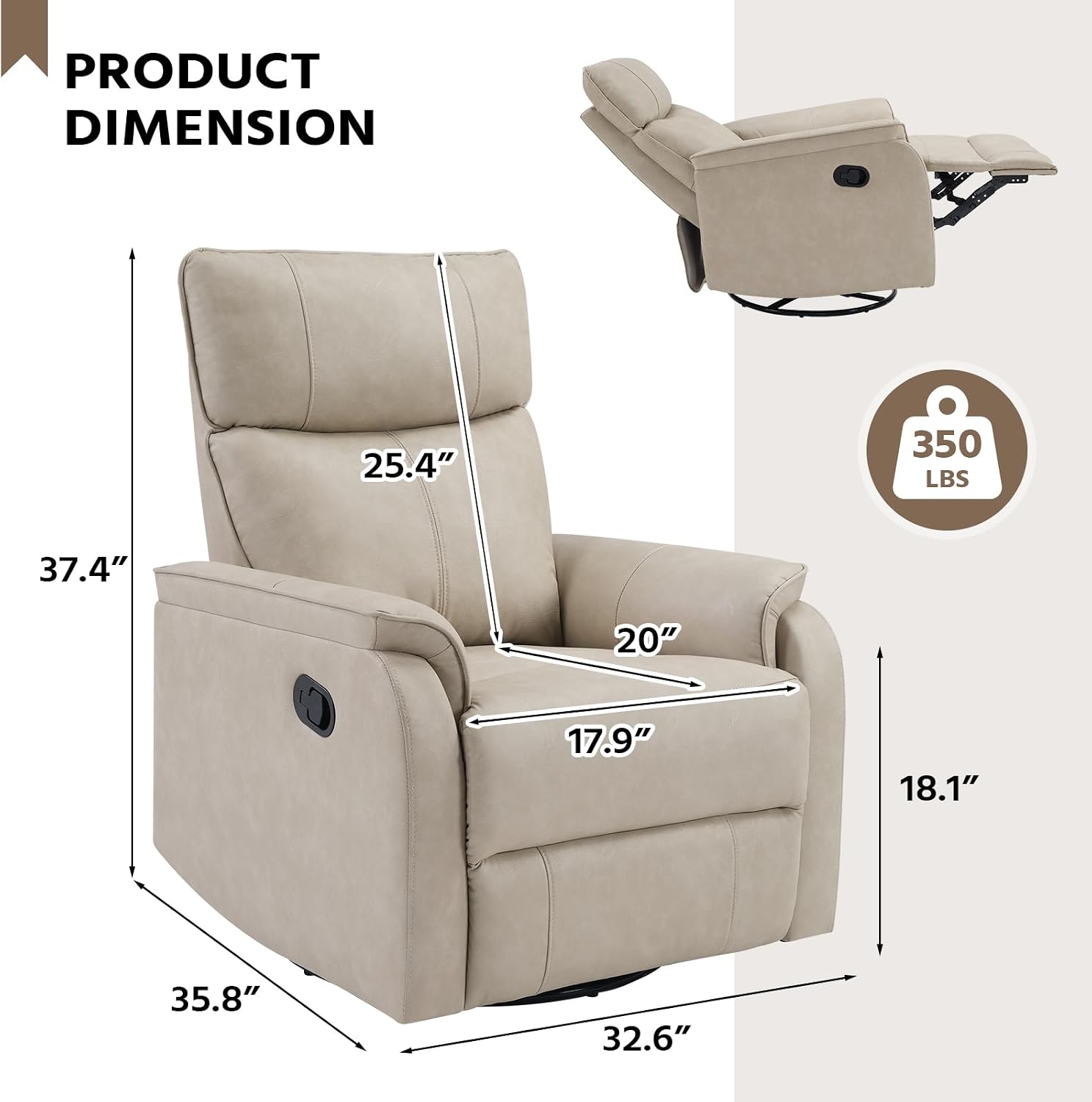 HAOMARKETS Swivel Rocker Recliner Chair, Manual Faux Leather Glider Rocking Recliners for Adults, 360° Swivel Nursery Reclining Sofa with Padded Backrest for Living Room, Beige