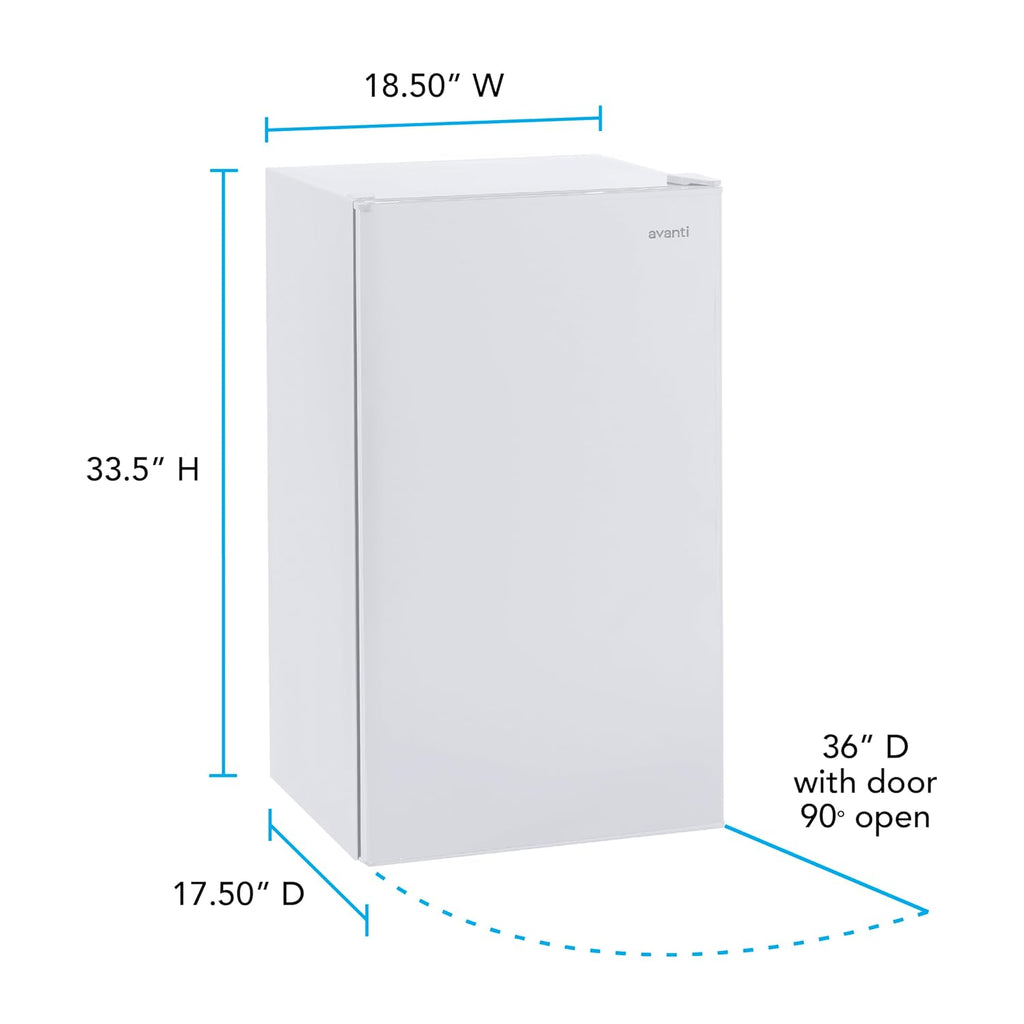Avanti Mini Fridge Compact Refrigerator for Home Office or Dorm with Reversible Recessed Door, Adjustable Door Bins and Glass Shelves with Adjustable Temperature Control, 3.2-Cu.Ft., White