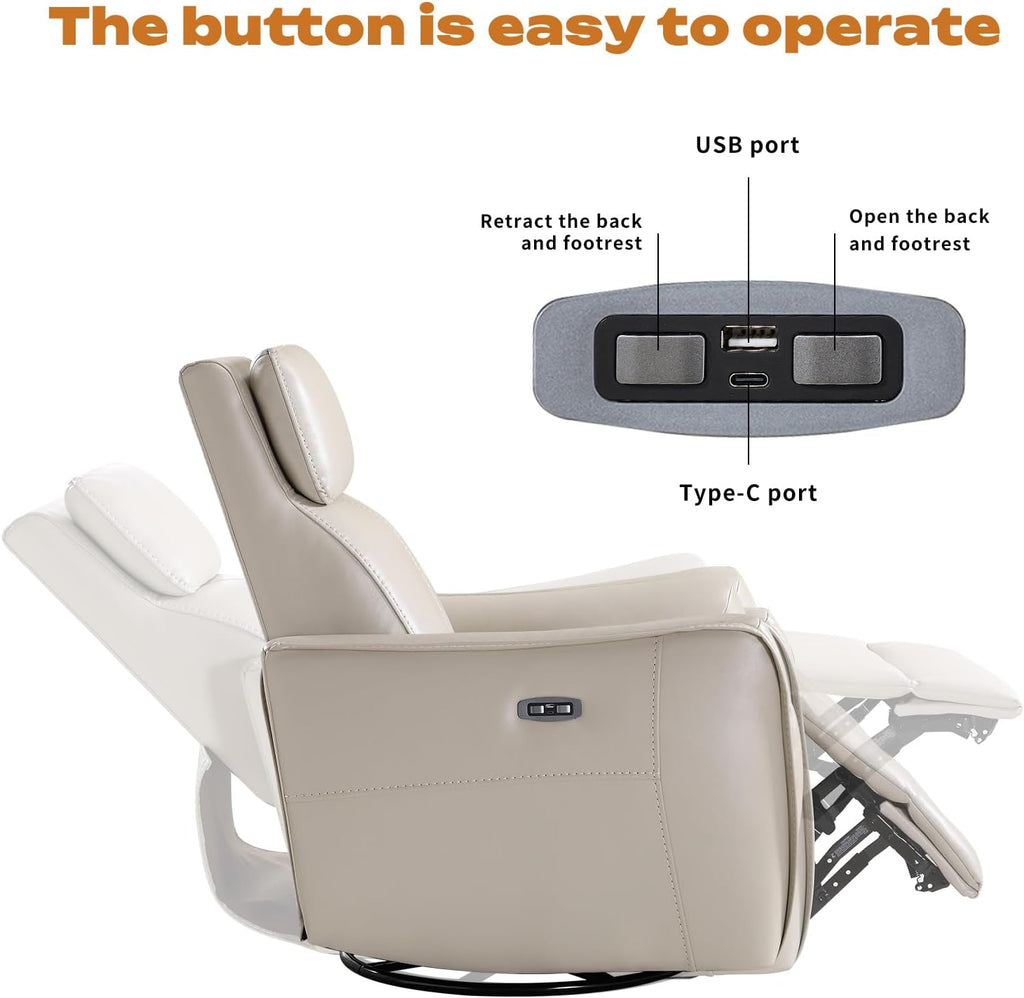 CANMOV Power Swivel Rocker Recliner Chair, Electric Swivel Glider Rocker Recliner for Nursery, Faux Leather Upholstered Rocking Reclining Chair with USB Port for Living Room,Grey