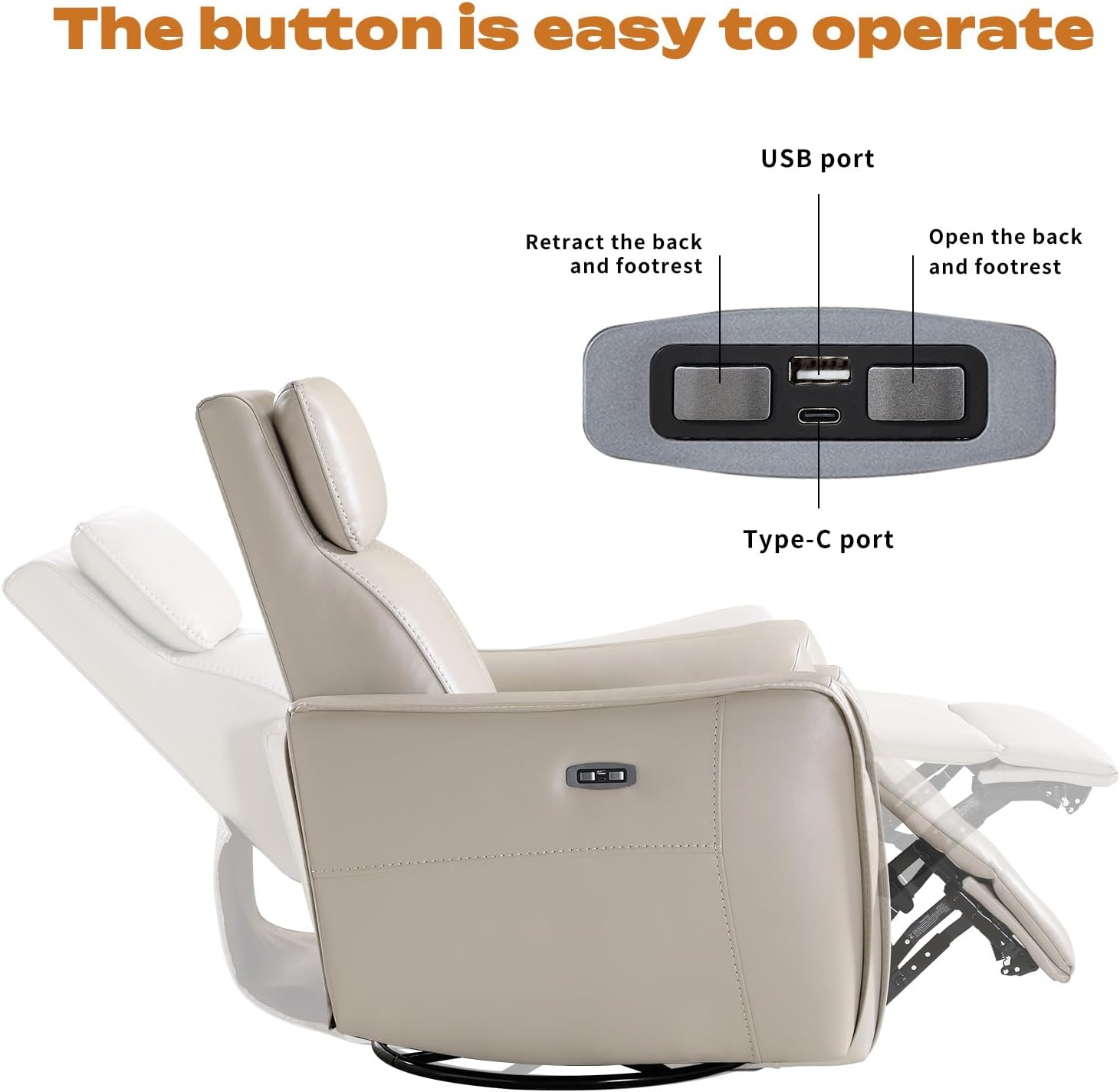 CANMOV Power Swivel Rocker Recliner Chair, Electric Swivel Glider Rocker Recliner for Nursery, Faux Leather Upholstered Rocking Reclining Chair with USB Port for Living Room,Grey