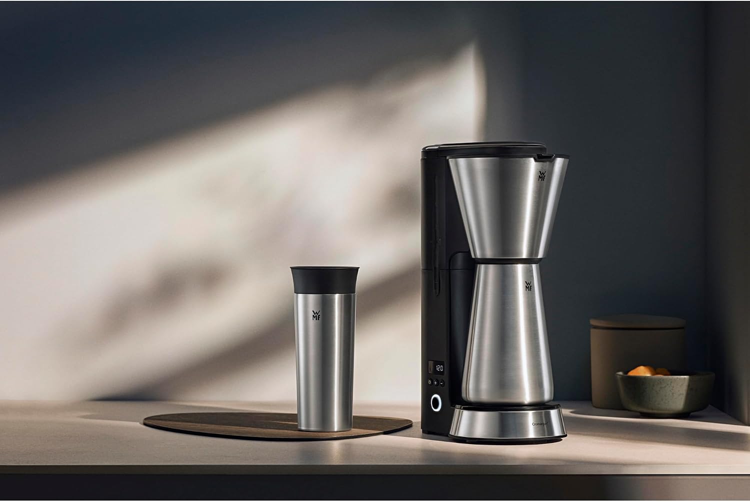 WMF KITCHENminis 0412260011 Aroma Filter Coffee Maker, Thermo-To-Go, Compact, Insulated Jug and Takeaway Mug, Cromargan High Quality, 760 W, Up to 5 Cups