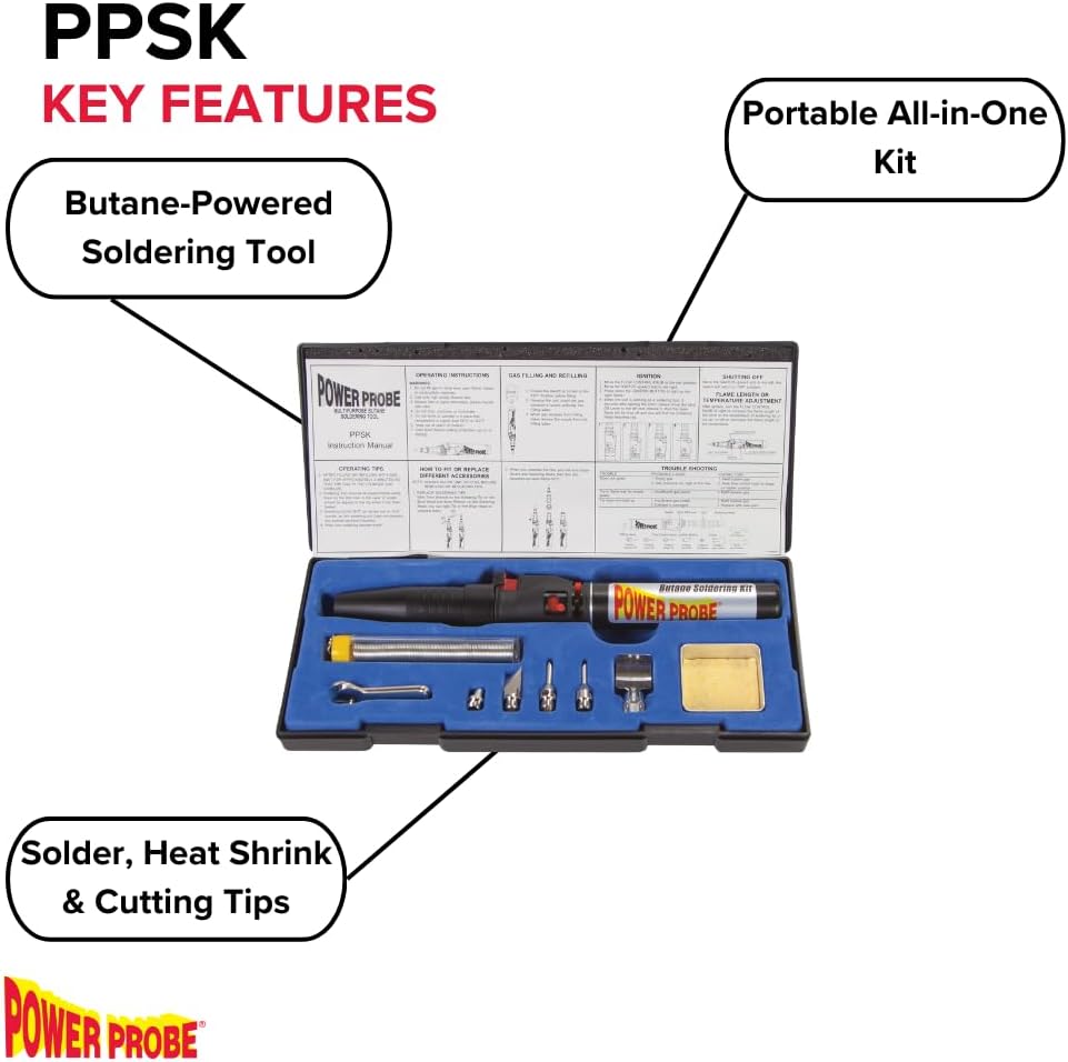 POWER PROBE Butane Soldering Kit (PPSK) [Automotive Diagnostic Car Test Tool, Easy Start Electronic Ignition, Adjustable Flame, with Multiple Tips, Black
