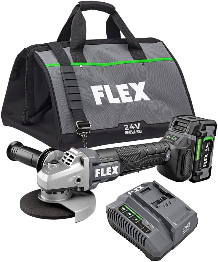 FLEX 24V Brushless Cordless 5-Inch 10,000 RPM Variable Speed Paddle Switch Angle Grinder Kit with 5.0Ah Lithium Battery and 160W Fast Charger - FX3171A-1C