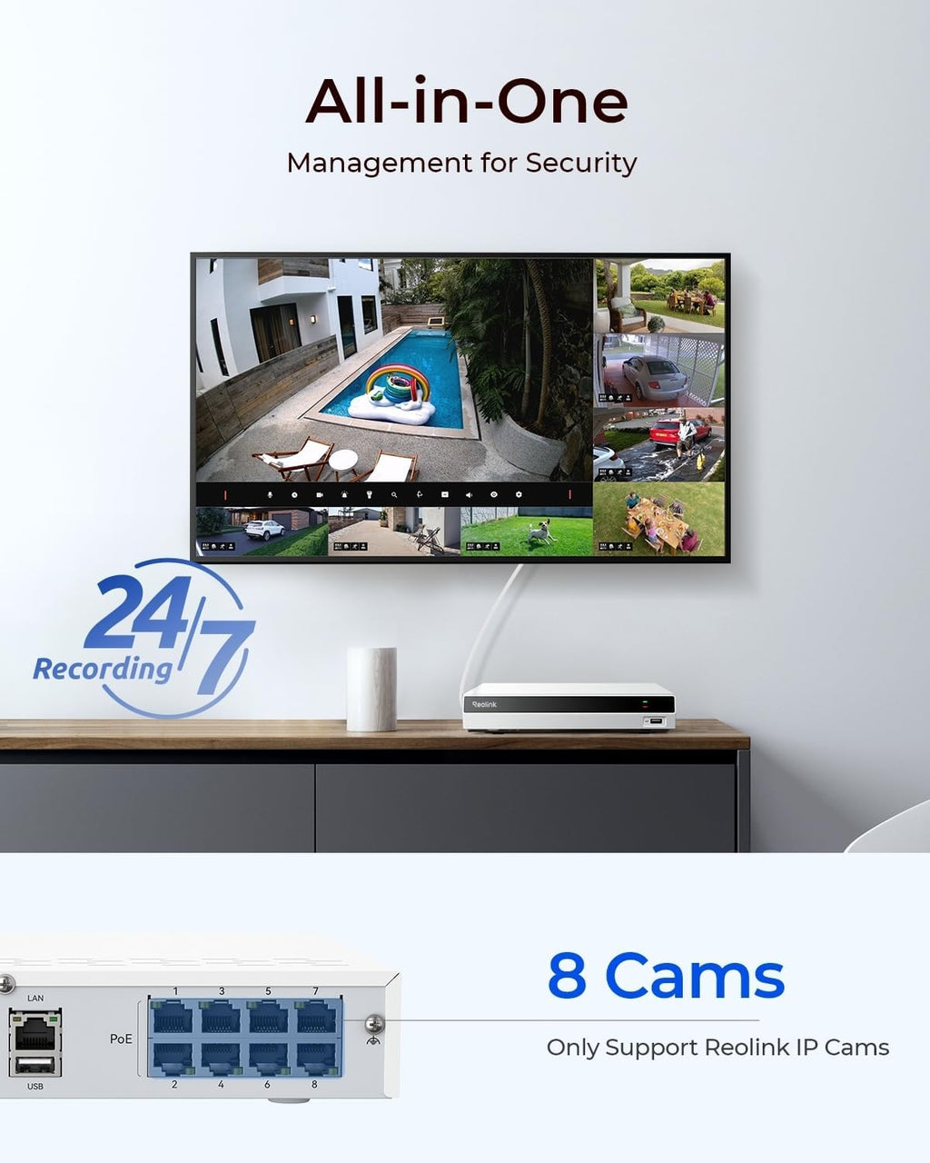 REOLINK NVR RLN8-410-White, 8 Channel, Network Video Recorder for Home PoE Security Camera System, Only Work with 16MP/12MP/4K/8MP/5MP/4MP Reolink Camera, 24/7 Recording to Pre-Installed 2TB HDD