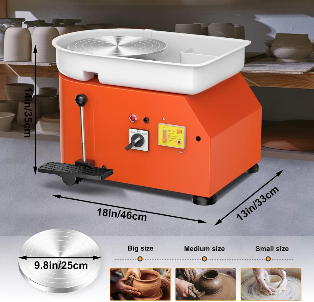 Pottery Wheel Pottery Forming Machine 25CM 350W Electric Pottery Wheel with Foot Pedal DIY Clay Tool Ceramic Machine Work Clay Art Craft (Orange)