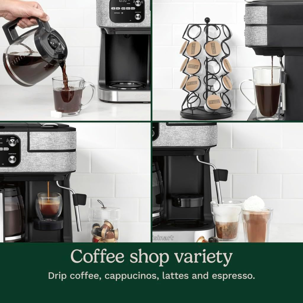 Cuisinart Coffeemaker, Coffee Center Barista Bar 4-In-1 Coffee Machine, Single-Serve Coffee, Espresso & Nespresso Capsule Compatible, 12-Cup Carafe, Silver Crystal, SS-4N1SC