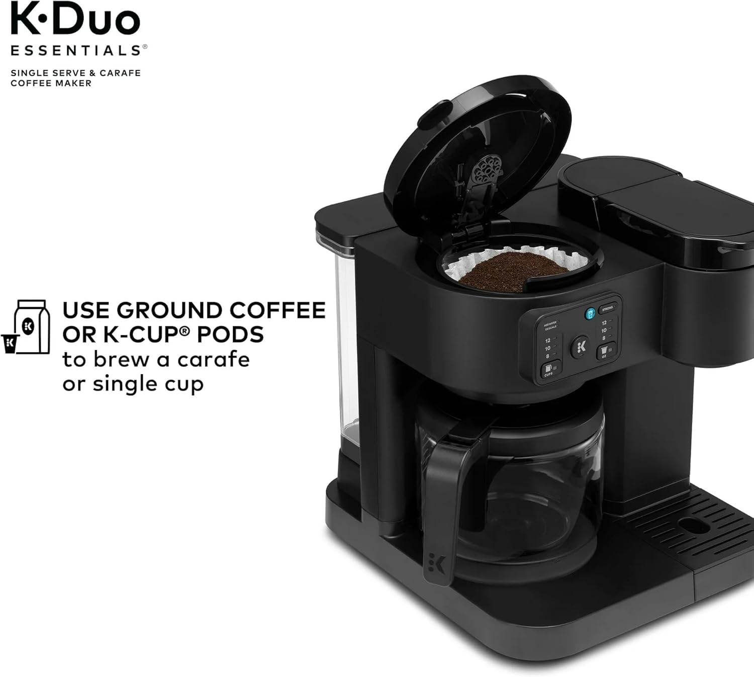 K-Duo Essentials Hot & Iced Single-Serve Coffee Maker with 12-Cup Glass Carafe, Brews KCup Pods & Coffee Grounds, Multiple Brew Sizes, 72 oz Reservoir, Pause & Pour Feature (Blacks)