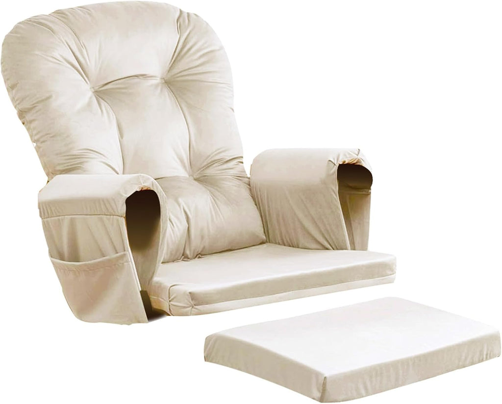 5PCS Glider Rocker Replacement Cushions Thick Soft Velvet Glider Cushions Replacement Set with Ottoman Cushion and Storage Pockets for Nursery Wooden Rocking Chair, Beige
