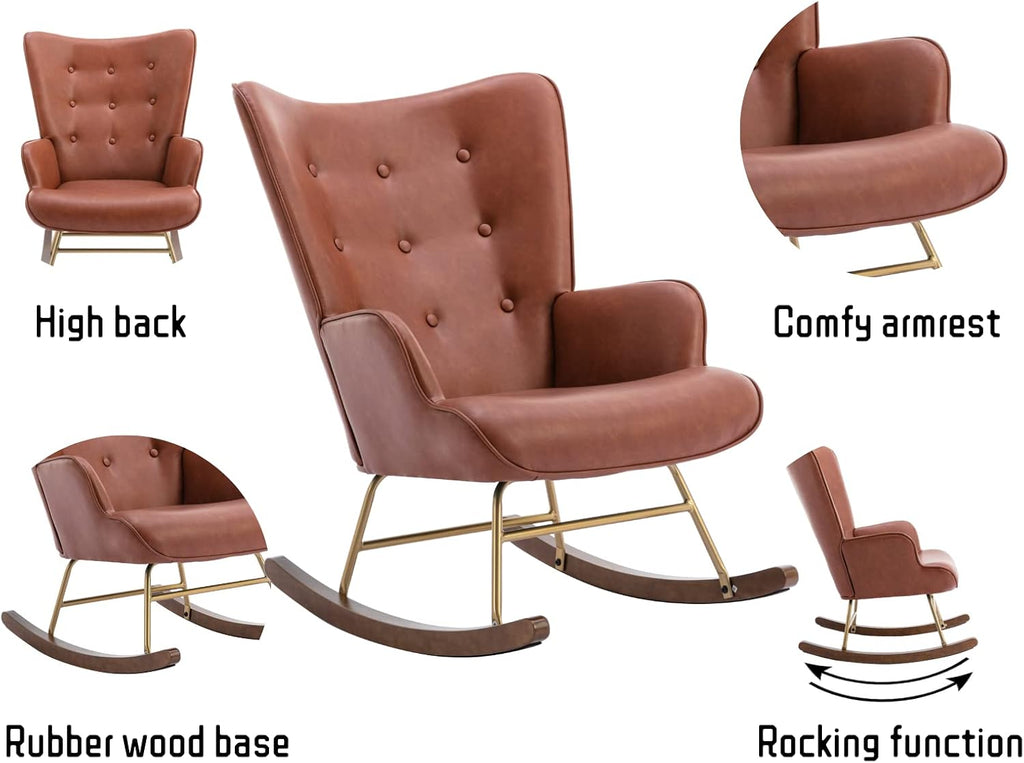 Shunzhi Pu Leather Nursery Rocking Armchair, Modern Reading Accent Chair for Living Room, Bedroom, Office, Small Spaces, Brown