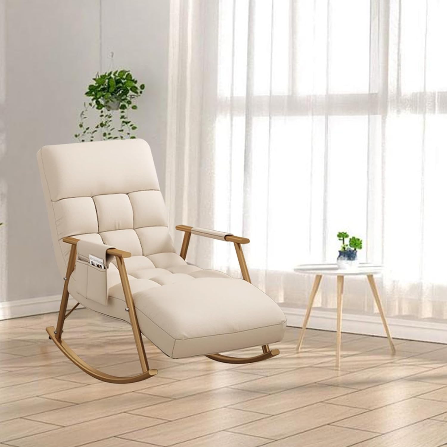 Rocking Chair Nursery with Thick Headrest,Modern Comfortable Upholstered Rocking Chair,Glider Rocker Chair W/Side Pockets,Modern Lounge Chair for Balcony,for Living Room,Classroom,Bedroom