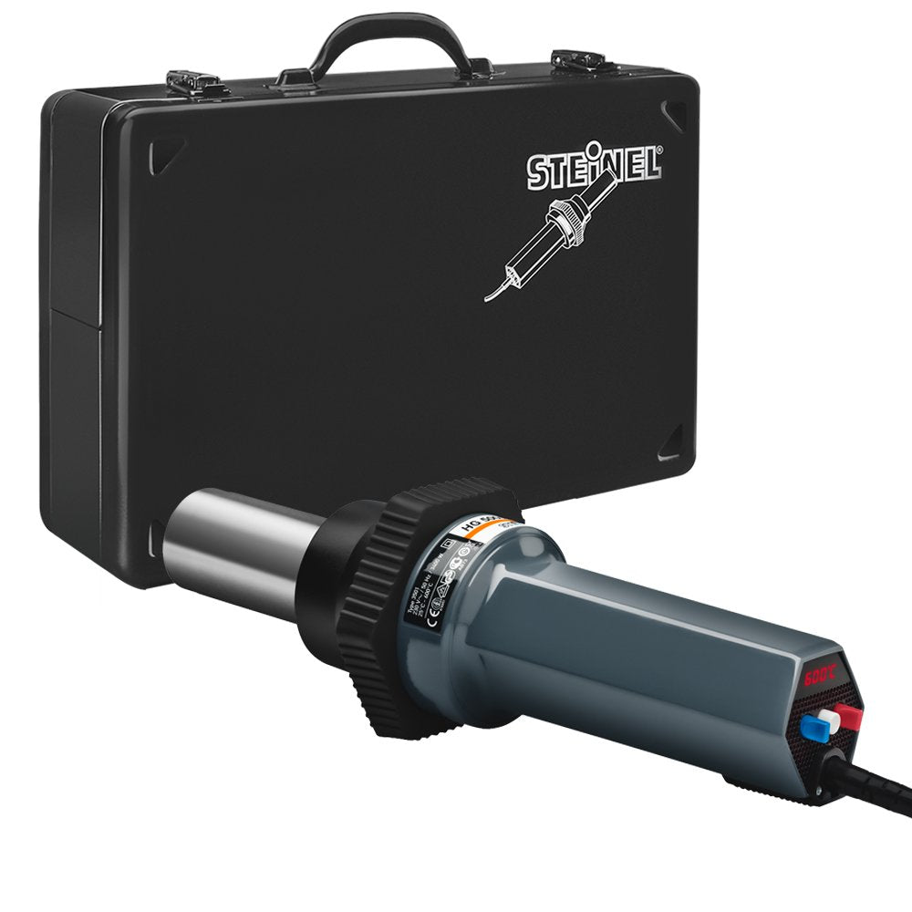 Steinel HG 5000 E Case - a powerful 230 V heat gun with 28 cfm hot air output and fully intelligent electronic temperature and airflow control, LED temperature display showing selected and actual temperature, High-performance tool with 3400 W, 35035