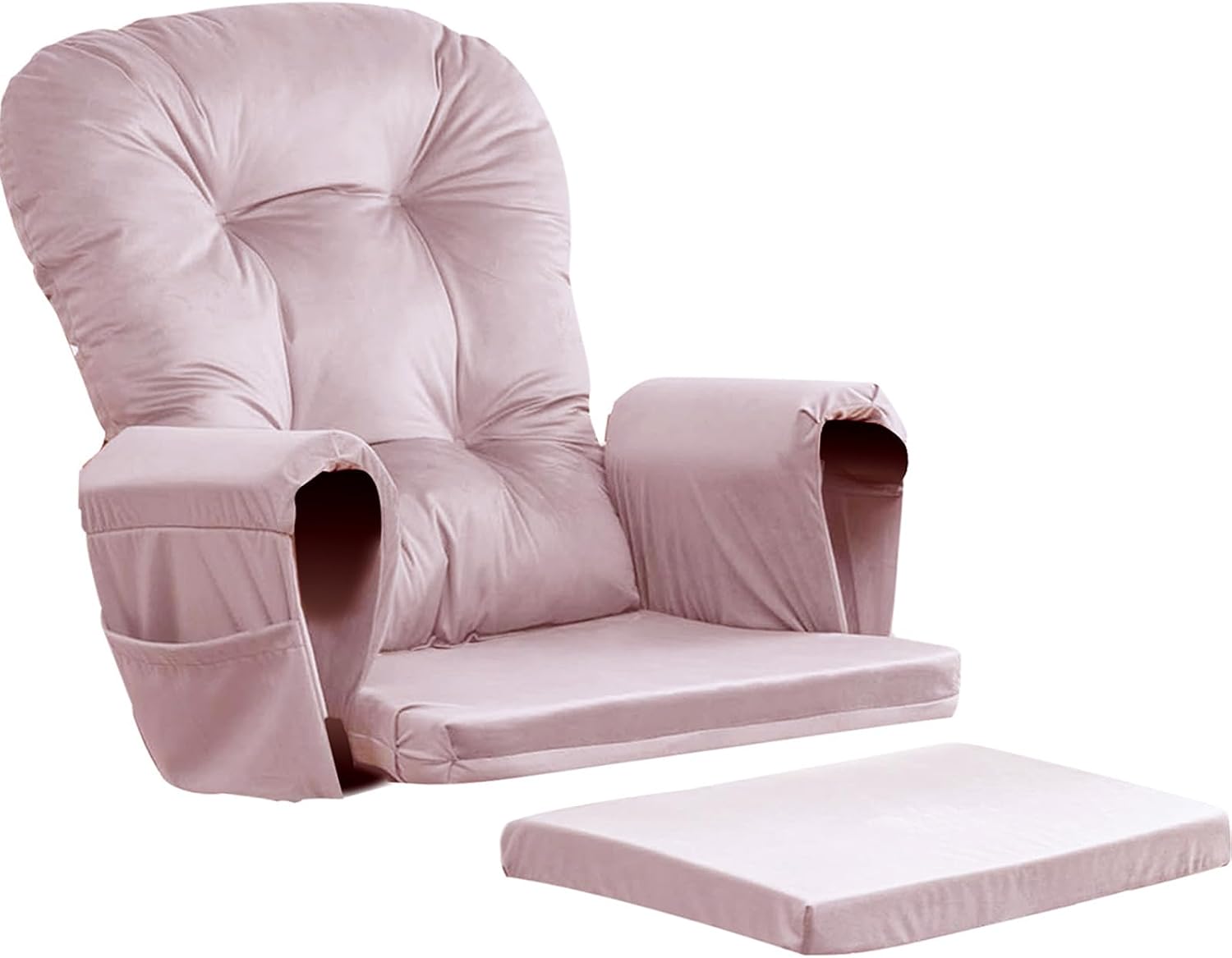 5PCS Glider Rocker Replacement Cushions Thick Soft Velvet Glider Cushions Replacement Set with Ottoman Cushion and Storage Pockets, Light Pink