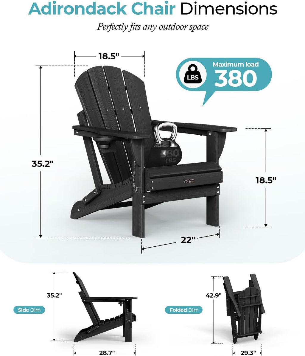 Ciokea Folding Adirondack Chair Wood Texture for Patio, Weather Resistant, Plastic Fire Pit Chair with Cup Holder, Lawn Chair for Outdoor Porch Garden Backyard Deck (Black)