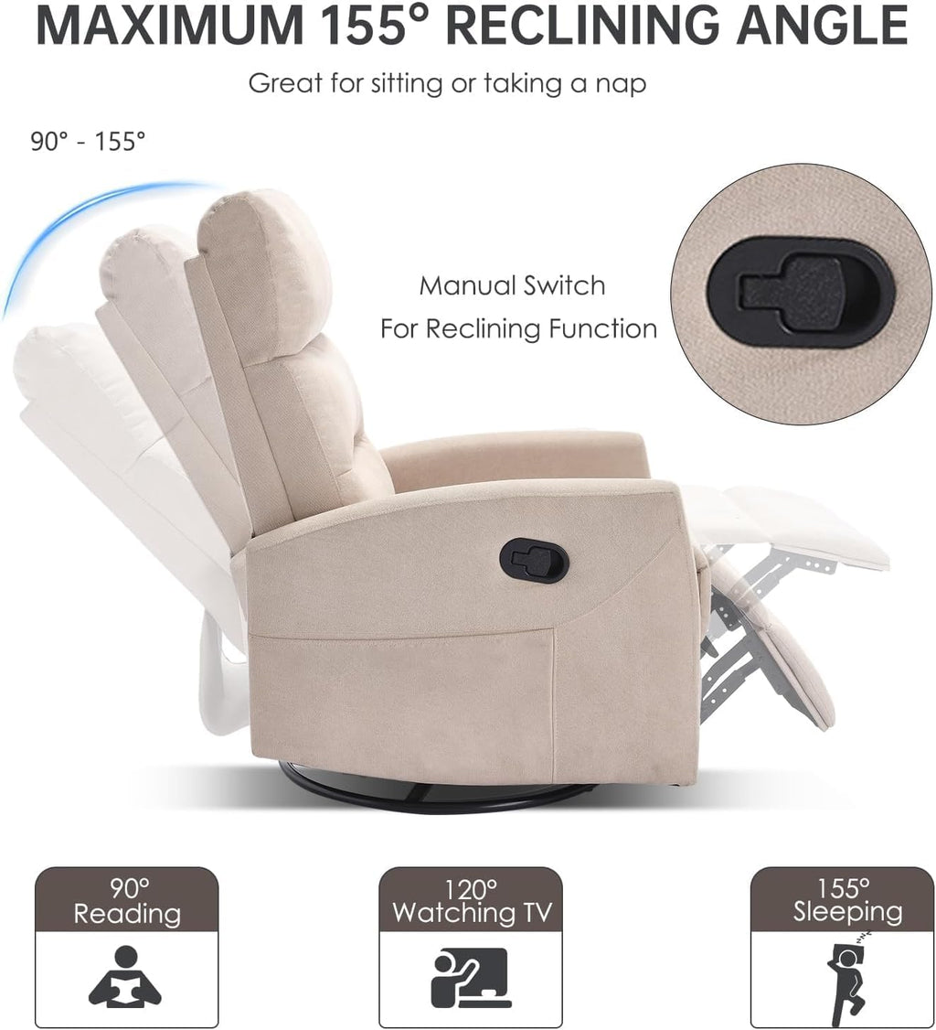360° Swivel Rocker Recliner Chair for Small Spaces, Manual Reclining Chair for Adults, Rocking Glider Chair for Nursery, Living Room, Bedroom, Polyester Fabric Cream Beige