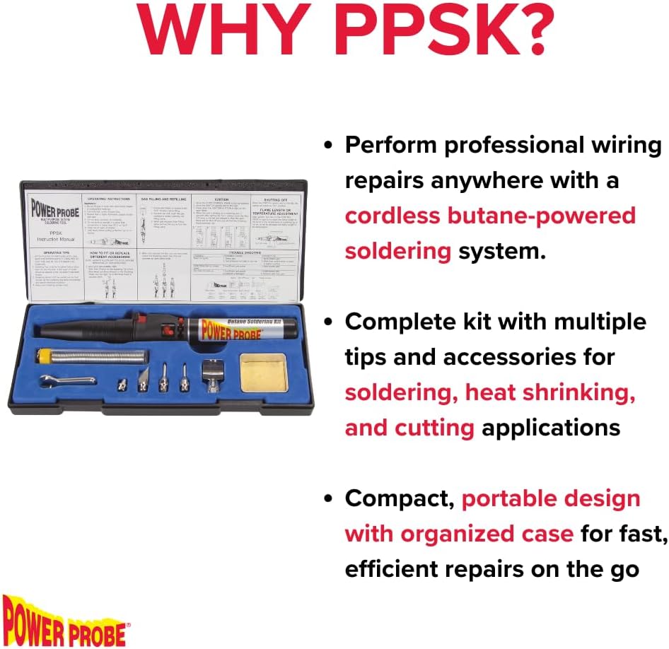 POWER PROBE Butane Soldering Kit (PPSK) [Automotive Diagnostic Car Test Tool, Easy Start Electronic Ignition, Adjustable Flame, with Multiple Tips, Black
