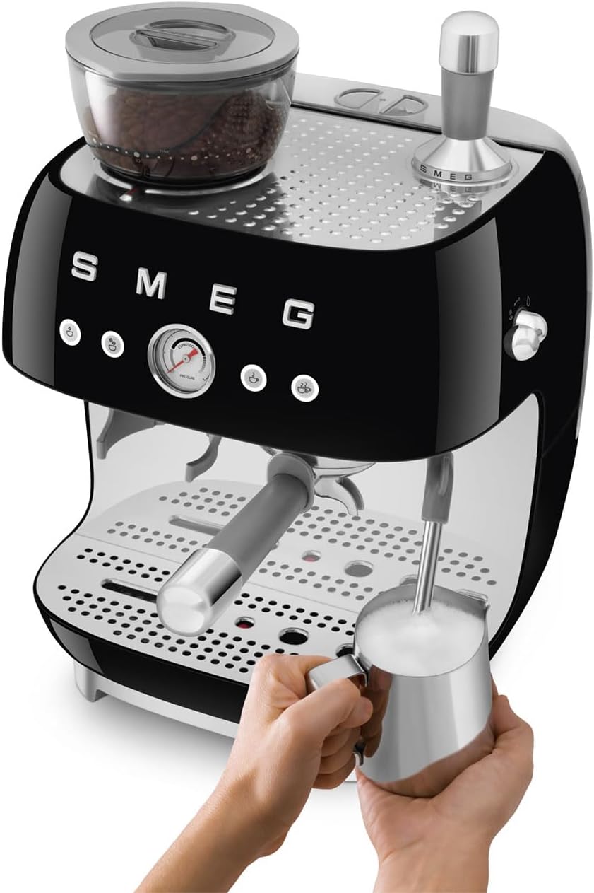 Smeg EGF03 Semi-Automatic Espresso Machine with Built-In Grinder, Dual Thermoblock, 50's Retro Style – Black (120 V)