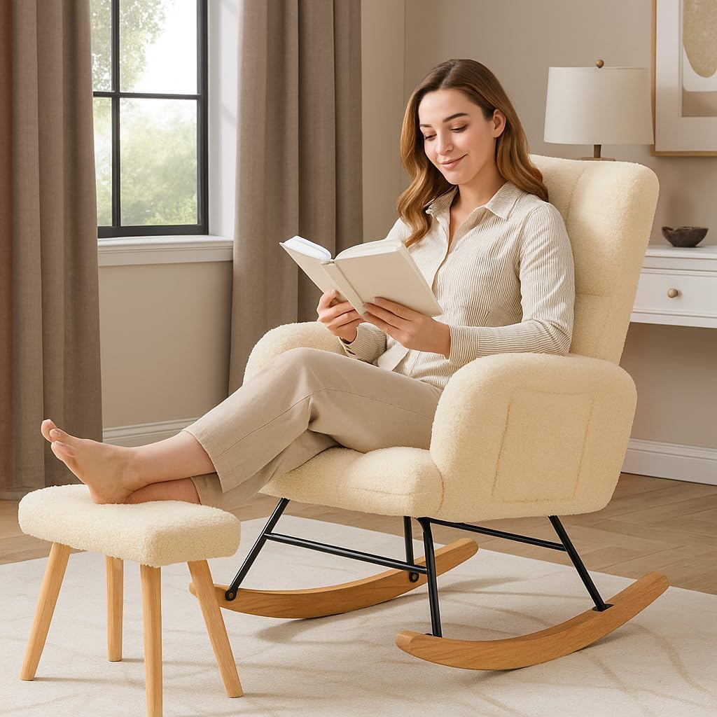 COMHOMA Nursery Rocking Chair with Ottoman,Teddy Glider Rocking Chair,Accent Chair with High Backrest Reading Chair for Adult,Nursery,Bedroom,Living Room,Offices(Beige with Ottoman)