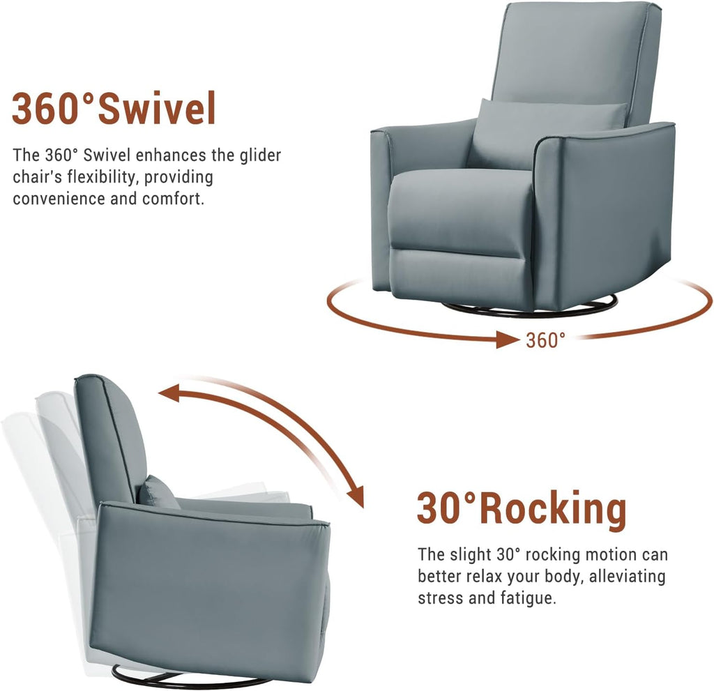 GAOMON Swivel Rocking Recliner Chair, Manual Leather Recliner Glider with Lumbar Support & Padded Armrest, Comfortable Rocker Nursery Single Sofa for Living Room and Bedroom (Gray)