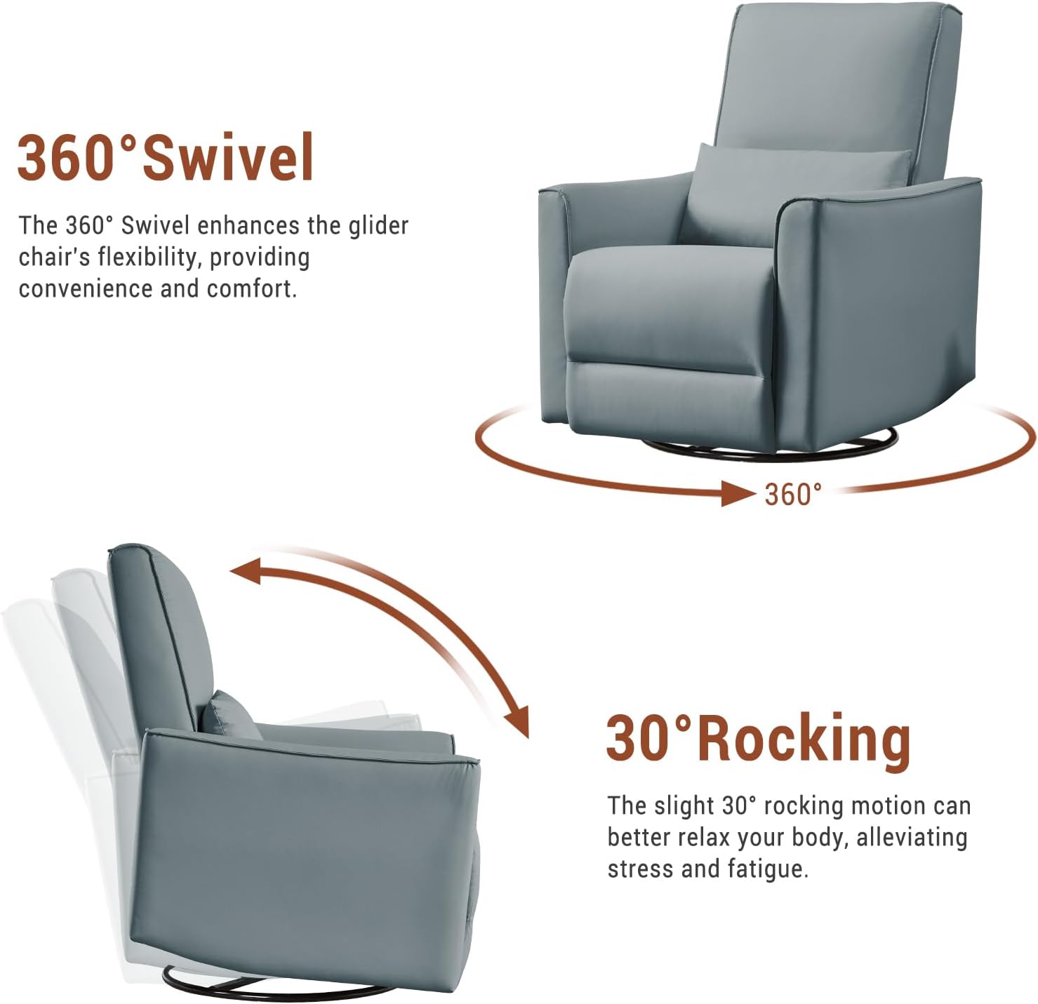 GAOMON Swivel Rocking Recliner Chair, Manual Leather Recliner Glider with Lumbar Support & Padded Armrest, Comfortable Rocker Nursery Single Sofa for Living Room and Bedroom (Gray)