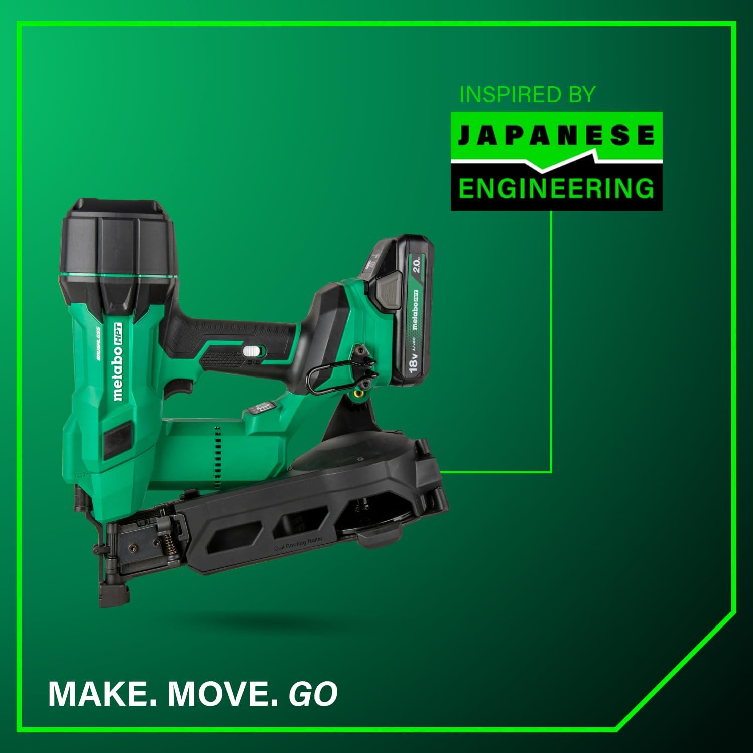 Metabo HPT 18V MultiVolt Brushless Cordless Coil Roofing Nailer Kit, 1-3/4' Coil Roofing Nailer with Power Tool 2.0Ah Lithium Ion Battery, Drives 7/8' to 1-3/4' Nails, NV1845DA