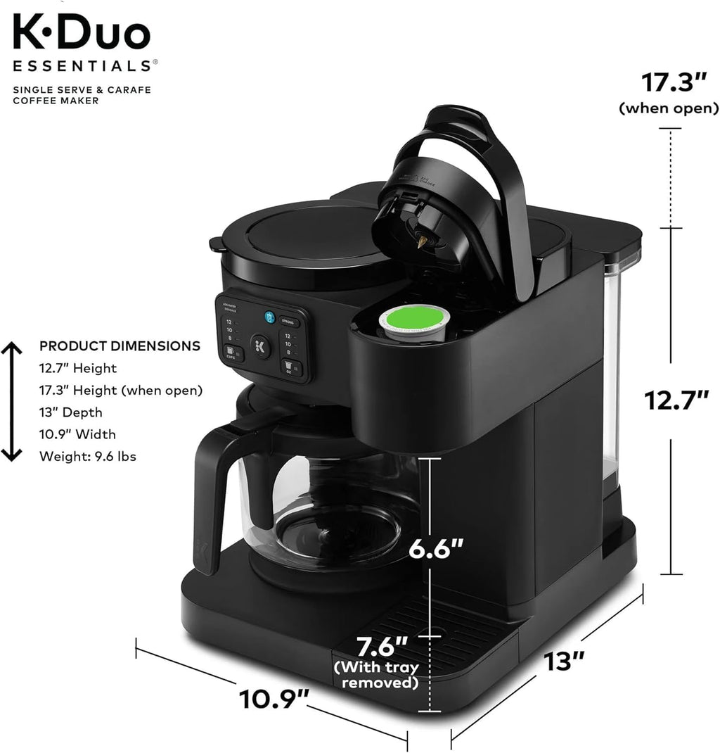 K-Duo Essentials Hot & Iced Single-Serve Coffee Maker with 12-Cup Glass Carafe, Brews KCup Pods & Coffee Grounds, Multiple Brew Sizes, 72 oz Reservoir, Pause & Pour Feature (Blacks)