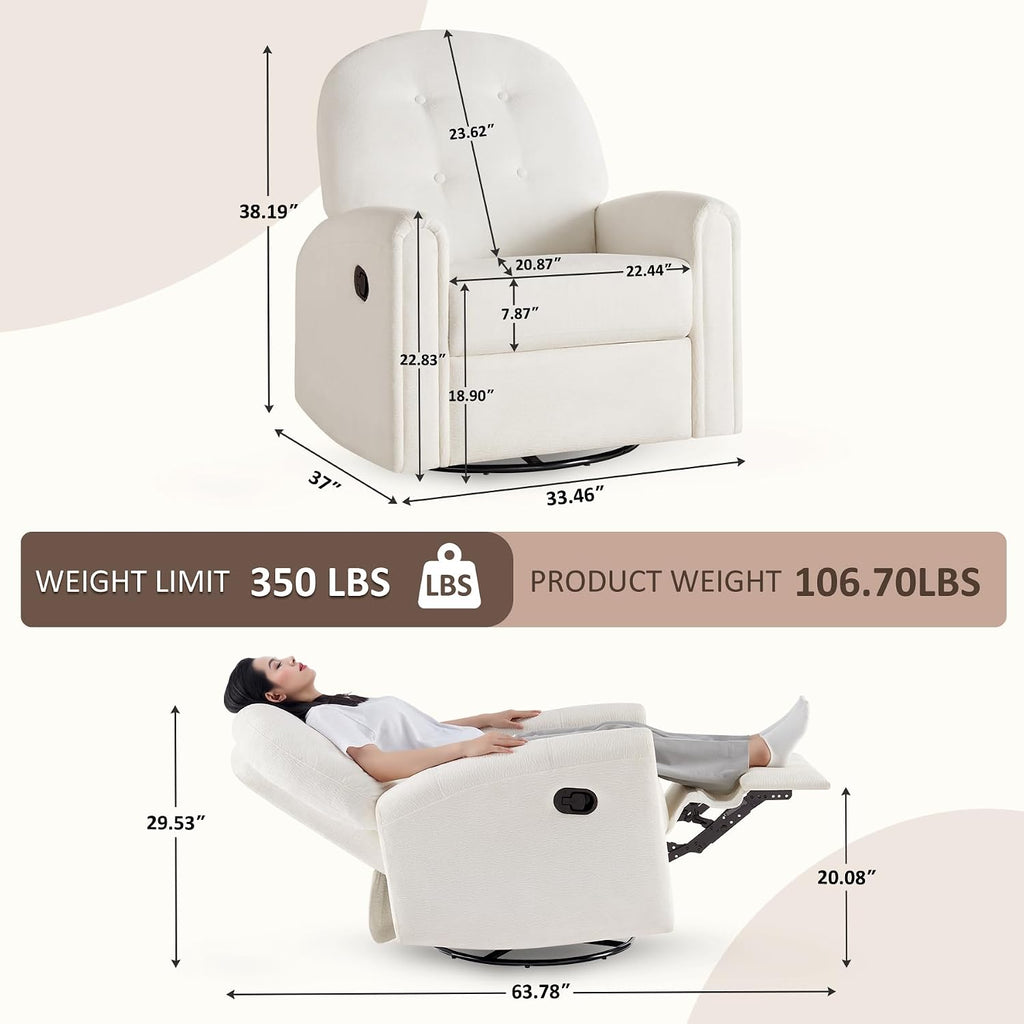VANOMi 360 Swivel Rocker Recliner Chair, Nursery Rocking Chair with Tufted Backrest, Manual Recliner Chairs for Small Spaces, Upholstered Glider Nursing Chair for Living Room, Bedroom (White)