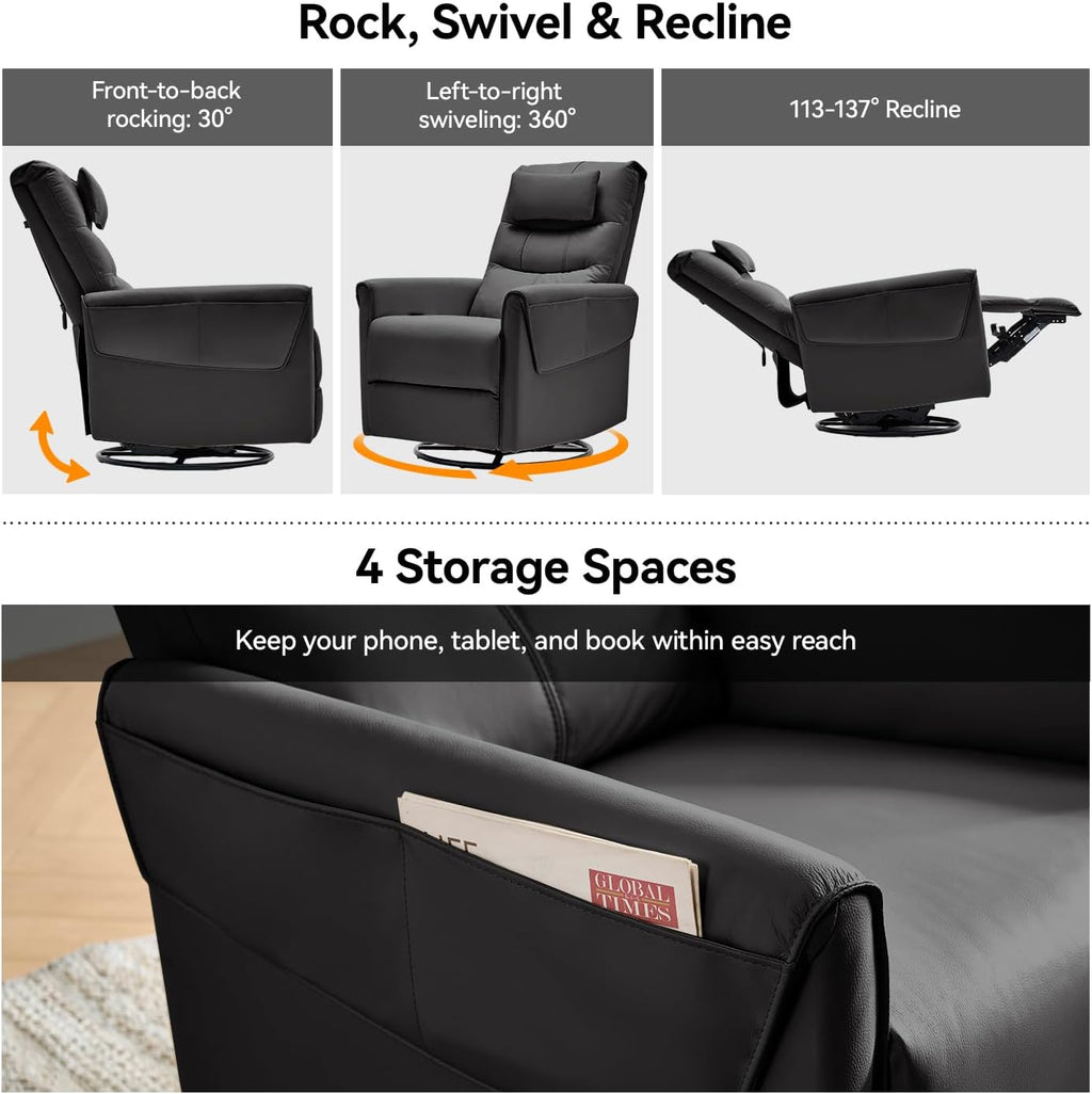 AIRSKY Leather Recliner Chair, Top Grain Leather, Italian Water-Washing Process, Glider Rocking Chair,Swivel Rocker Recliner, Movable Headrest,Nursery Rocking Chairs, Single Reclining Chair, Black,R3