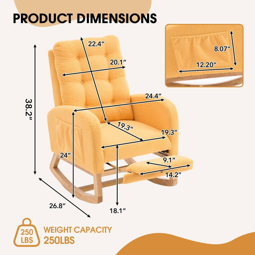 NIOIIKIT Nursery Rocking Chair, Linen Upholstered Glider Chair with Footrest, Tufted Rocker Recliner with Side Pocket, Comfy Recliner Glider, Accent Chair for Living Room (Yellow Teddy)