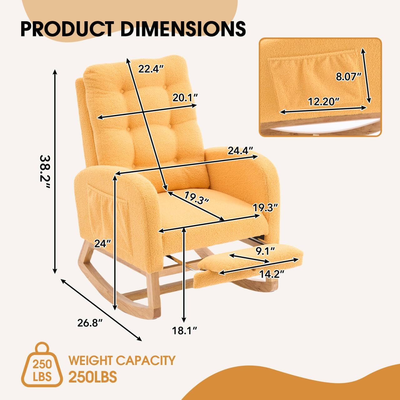 NIOIIKIT Nursery Rocking Chair, Linen Upholstered Glider Chair with Footrest, Tufted Rocker Recliner with Side Pocket, Comfy Recliner Glider, Accent Chair for Living Room (Yellow Teddy)