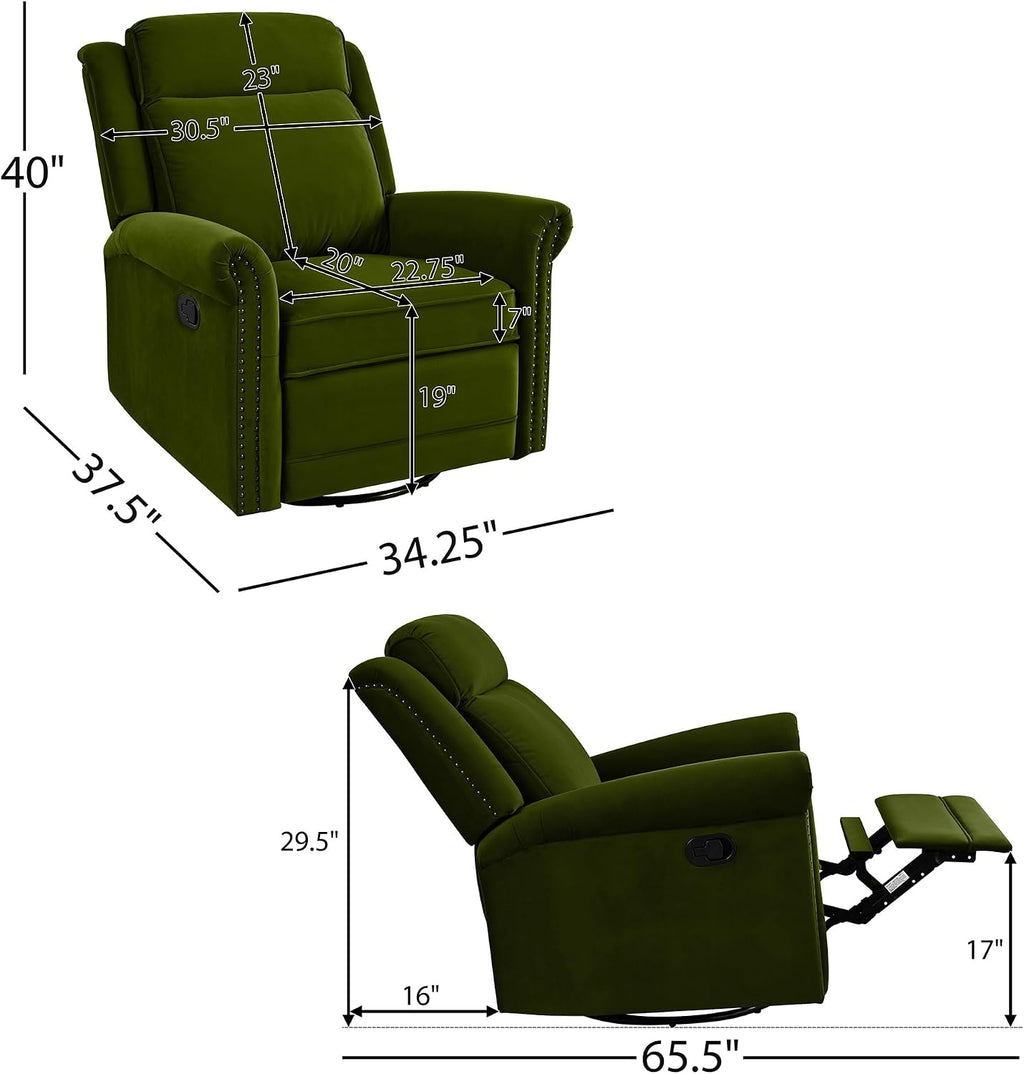 JIVOIT 360° Swivel Recliner Chair with Adjustable Backrest, Manual Rocking Recliner Home Theater Manual Recliner Chair with Metal Base and Velvet Fabric for Living Room (Green, 2)