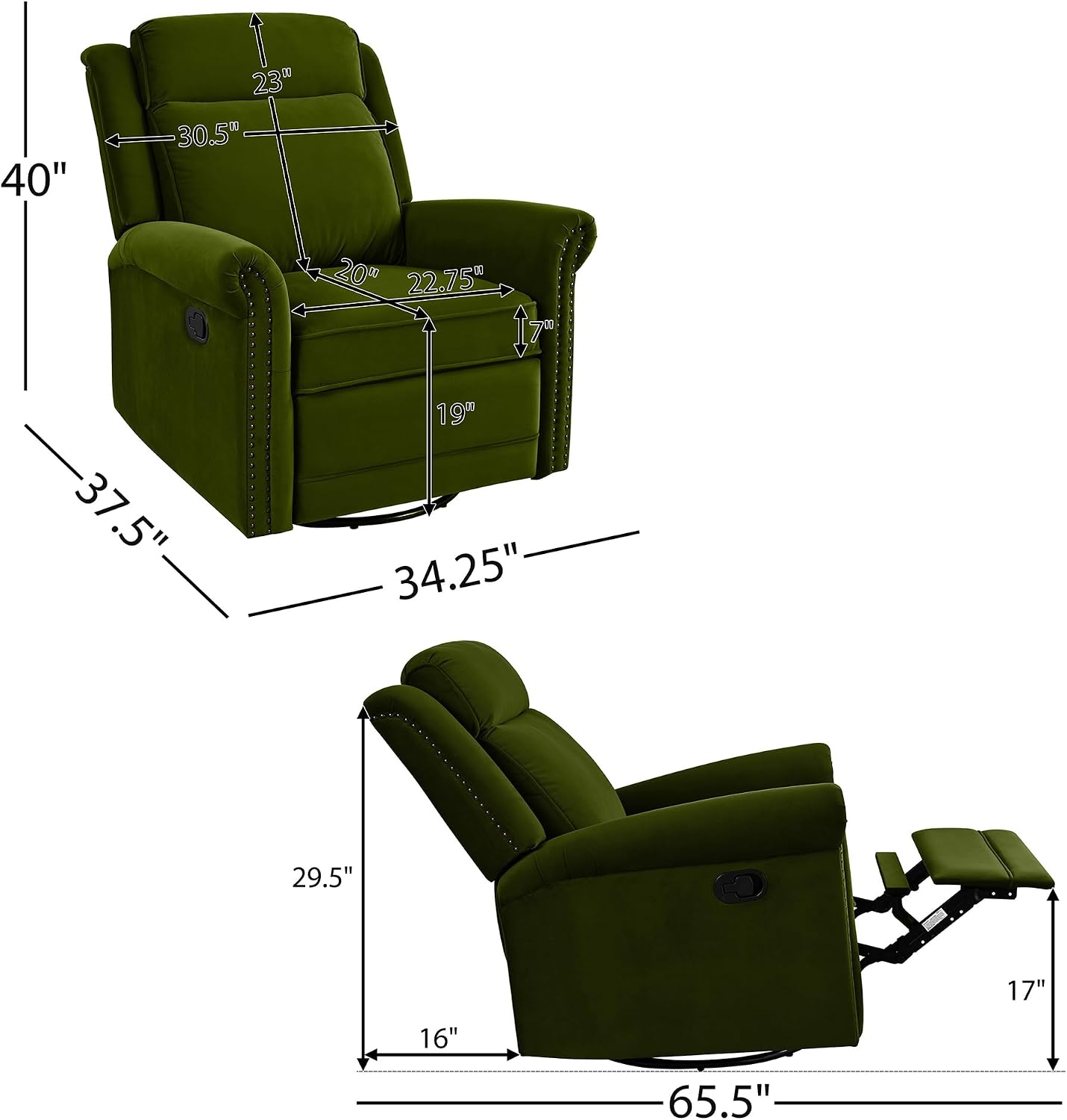 JIVOIT 360° Swivel Recliner Chair with Adjustable Backrest, Manual Rocking Recliner Home Theater Manual Recliner Chair with Metal Base and Velvet Fabric for Living Room (Green, 2)