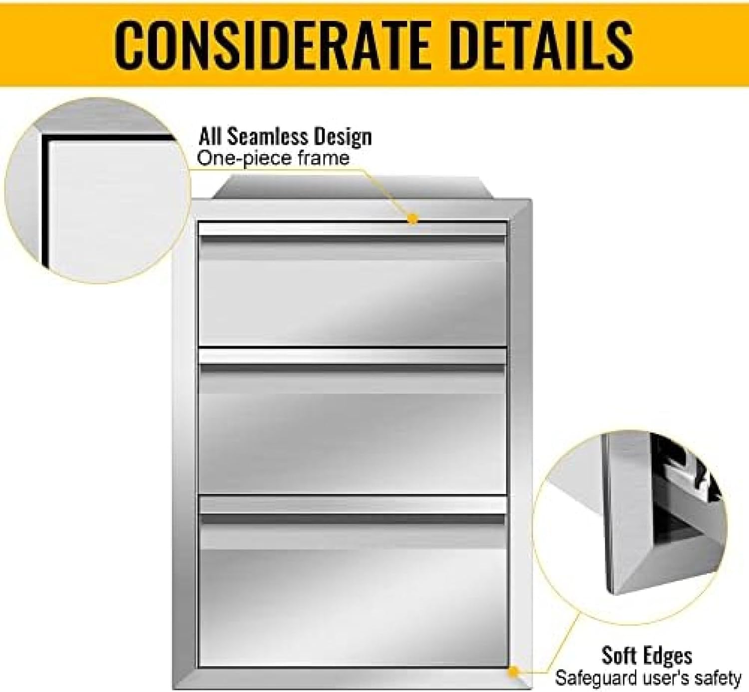 Outdoor Kitchen Drawer Stainless Steel BBQ Triple Drawer Flush Mount for Outdoor Kitchen Island,-16W X 21H X 23D Inch