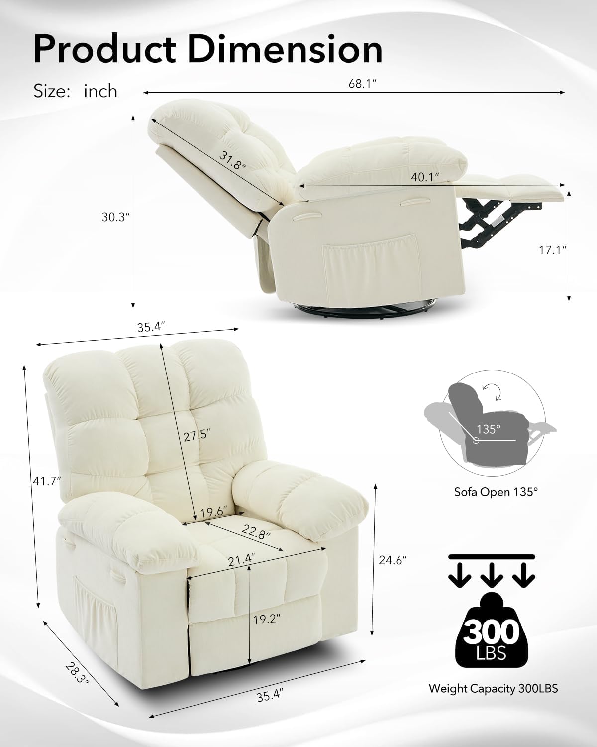 Swivel Rocking Recliner Chair With Extra Large Footrest High Back, 360° Swivel Rocker Chair,Upholstered Glider Nursery Chair for Living Room, Bedroom & Nursery, Comfortable Deep Seat for Relaxation