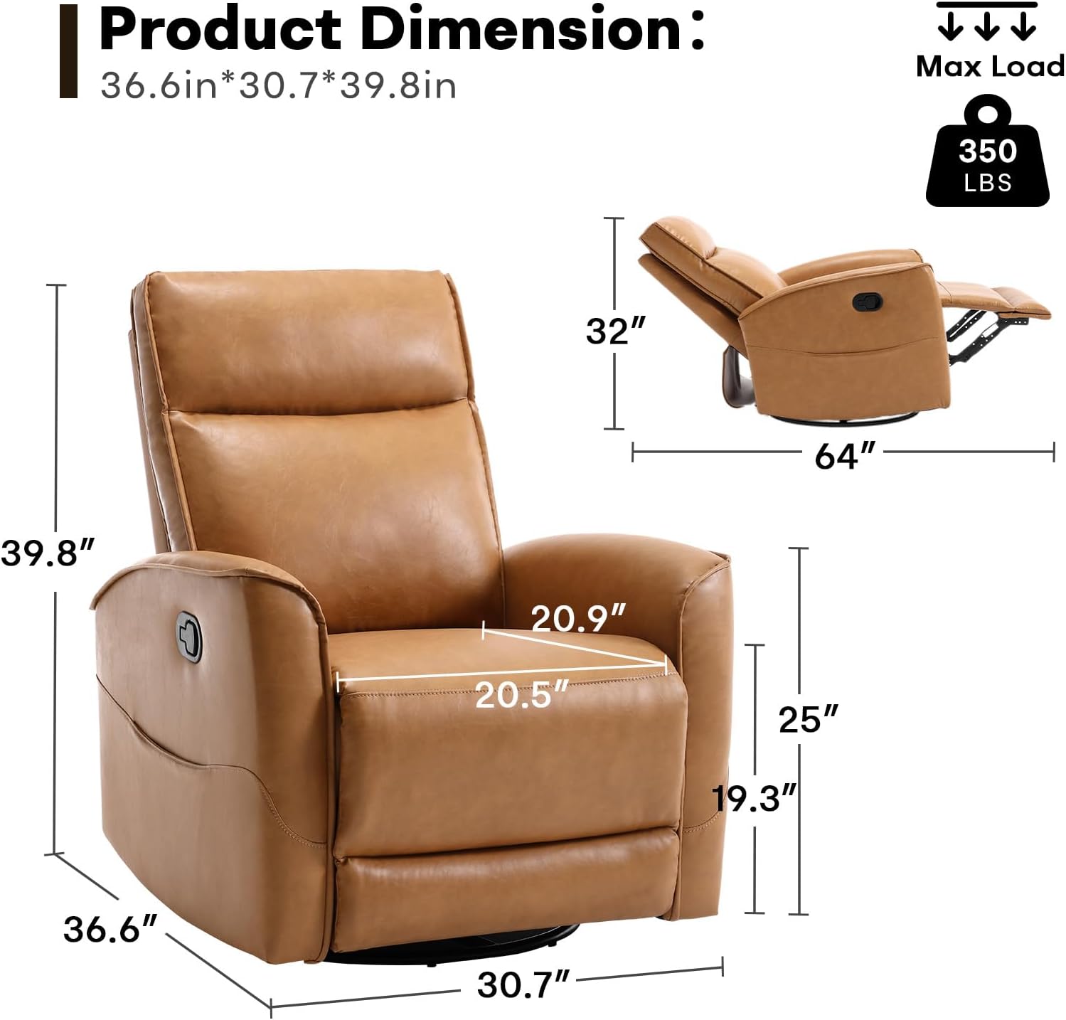 HAOMARKETS Swivel Rocker Recliner Chair, Manual Faux Leather Glider Rocking Recliners for Adults, 360° Swivel Nursery Reclining Sofa with Storage Pocket