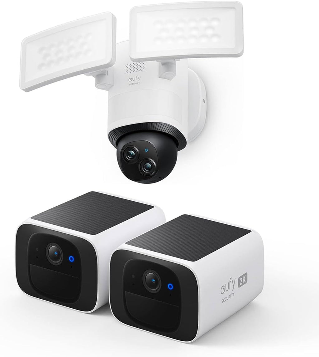 eufy Security S220 SoloCam 2-Cam Pack, Solar Security Camera, Wireless Outdoor Camera Floodlight Camera E340 Wired, 360° Pan and Tilt