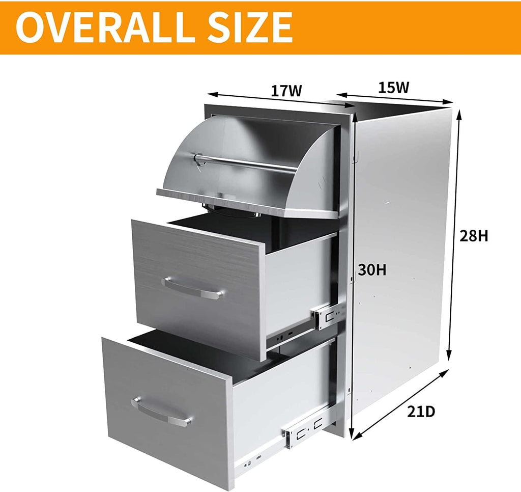 Outdoor Kitchen Double Drawer - Stainless Steel Access Drawers for BBQ Island or Grilling Station, Horizontal Mounting, 17W x 30H x 21D Inch
