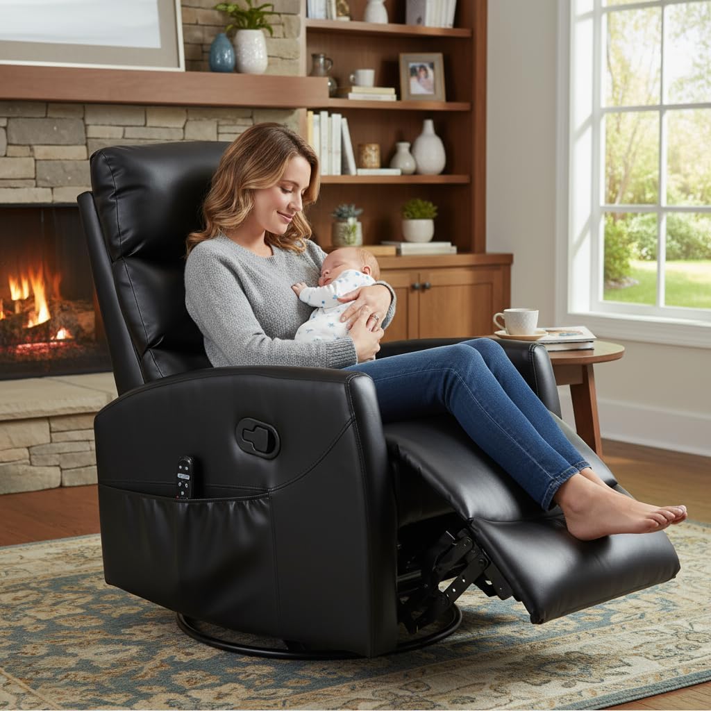 PELUMY 360° Swivel Rocker Recliner with Heat & Vibration Massage, Glider Rocking Chair for Adults, Compact Recliner for Living Room, Small Spaces, Nursery, Bedroom (Breathable Leather, Black)