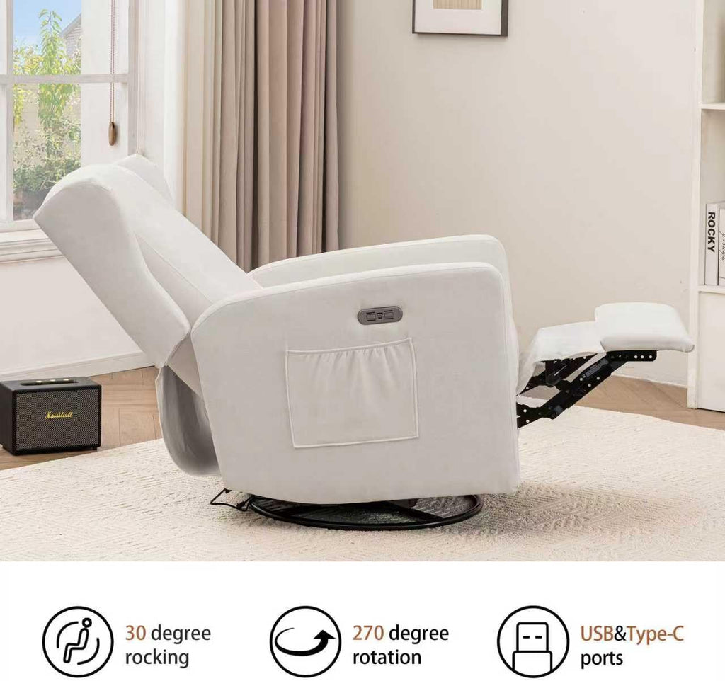 Ketaiyou Power Swivel Rocking Recliner Chair, High Back Electric Rocker Nursery Glider Chair, USB and Type-C Ports, Upholstered Fabric Reclining Single Sofa Chair for Living Room (Beige)