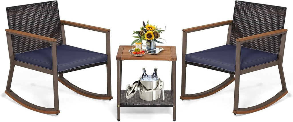 Tangkula 3 Pieces Rocking Bistro Set, Outdoor Rocker Chair with Coffee Table & Cushions, Patio Rattan Furniture Conversation Set for Balcony Porch Poolside (Navy)
