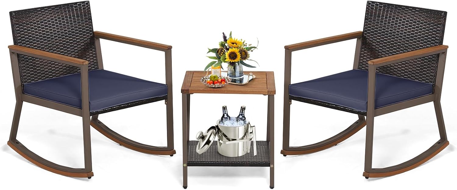 Tangkula 3 Pieces Rocking Bistro Set, Outdoor Rocker Chair with Coffee Table & Cushions, Patio Rattan Furniture Conversation Set for Balcony Porch Poolside (Navy)