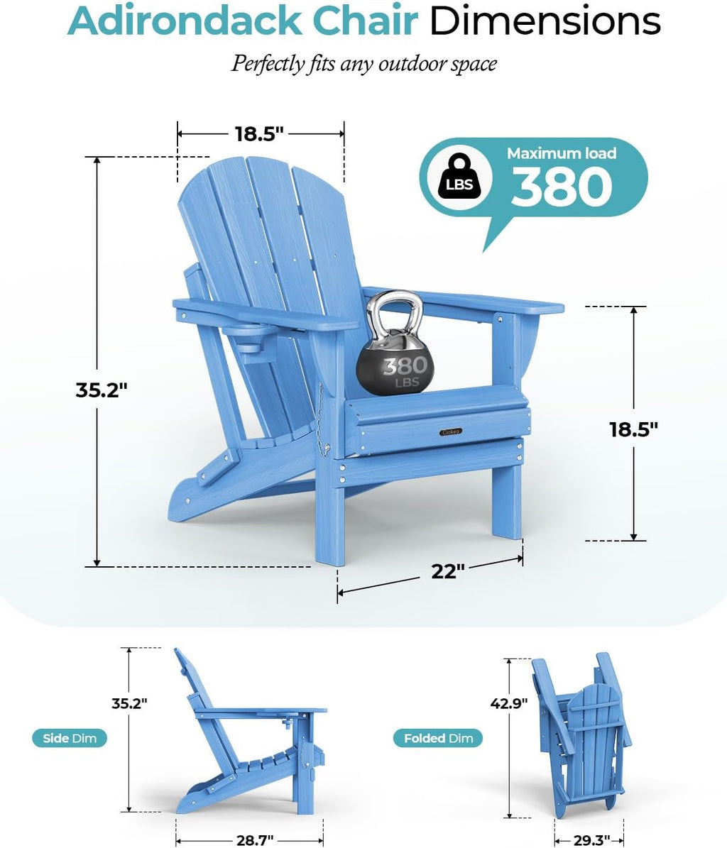 Ciokea Folding Adirondack Chair Wood Texture, Patio Adirondack Chair Weather Resistant, Plastic Fire Pit Chair with Cup Holder, Lawn Chair for Outdoor Porch Garden Backyard Deck, Baby Blue