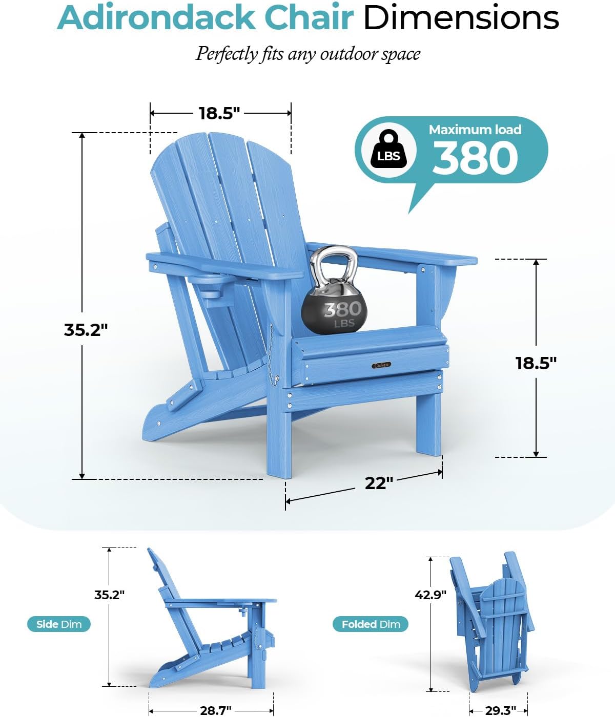 Ciokea Folding Adirondack Chair Wood Texture, Patio Adirondack Chair Weather Resistant, Plastic Fire Pit Chair with Cup Holder, Lawn Chair for Outdoor Porch Garden Backyard Deck, Baby Blue