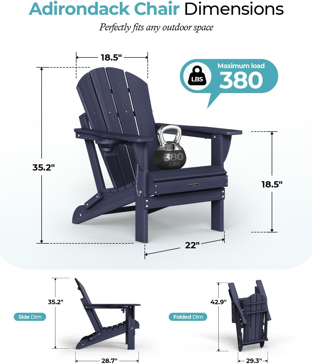 Ciokea Folding Adirondack Chair Wood Texture, Patio Adirondack Chair Weather Resistant, Plastic Fire Pit Chair with Cup Holder, Lawn Chair for Outdoor Porch Garden Backyard Deck, Dary Navy Blue