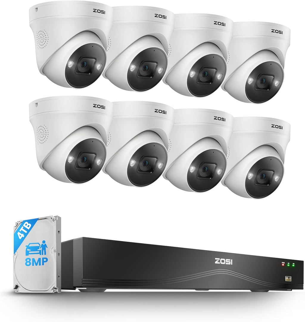 ZOSI 4K PoE Security Camera System,16 Port 32CH 8MP NVR with 4TB HDD,8pcs 4K Indoor Outdoor PoE IP Cameras,Face/Person/Vehicle Detection,2 Way Audio,Night Vision,Dual-Disk Backup for 24/7 Recording